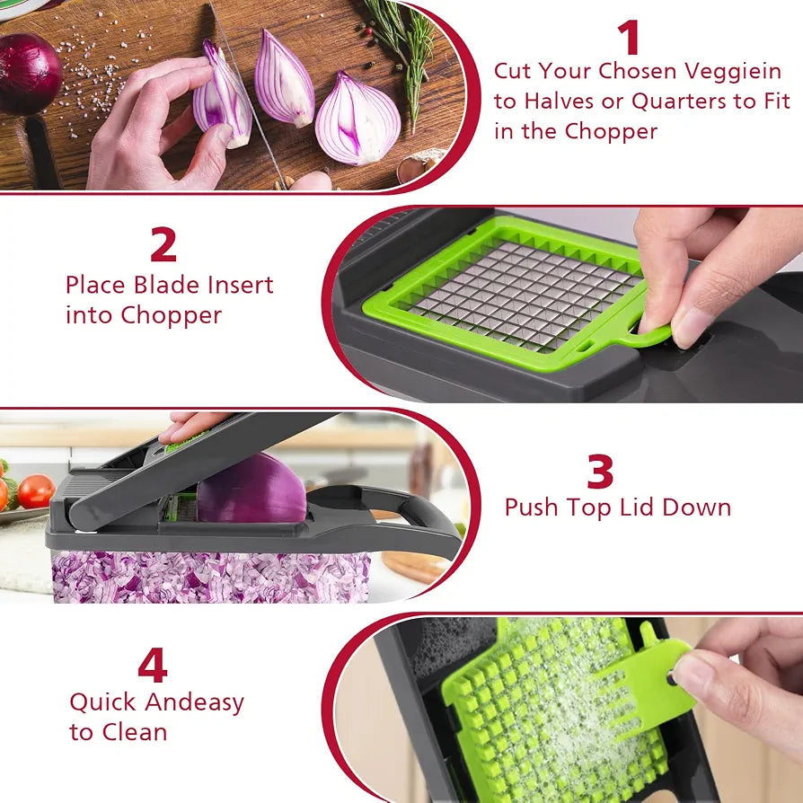 17 Pcs Vegetable Chopper – Manual Onion & Vegetable Cutter, Food Slicer, Dicer, Grater & Potato Cutter – Multi-Function Kitchen Tool